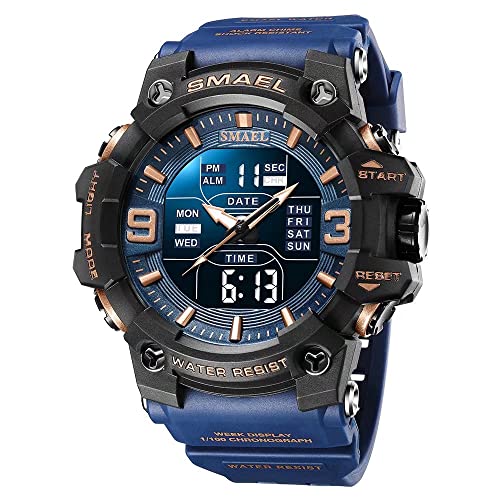SMAEL Herren Militäruhren Outdoor Sport Digital Uhr Wasserdicht LED Datum Alarm Armbanduhren für Männer, blau, Large Face, Digital von SMAEL