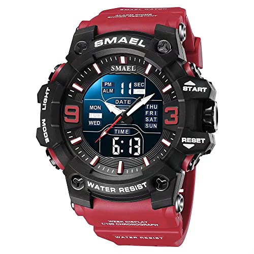 SMAEL Herren Militäruhren Outdoor Sport Digital Uhr Wasserdicht LED Datum Alarm Armbanduhren für Männer, rot, Large Face, Digital von SMAEL