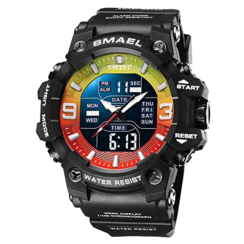 SMAEL Herren Militäruhren Outdoor Sport Uhr Wasserdicht LED Datum Alarm Digital Analog Armbanduhr für Männer, rot, grün, Large Face, Digital von SMAEL