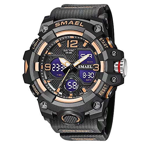 SMAEL Herren Uhren Militär Outdoor Wasserdicht Sport Armbanduhr Datum Multifunktion LED Alarm Stoppuhr Digital Uhren für Herren, rose gold, Large Face, Digital von SMAEL