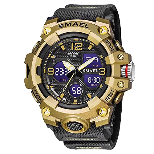 SMAEL Herren Uhren Militär Sport Outdoor Wasserdicht Armbanduhr Multifunktions Taktik LED Datum Alarm Digital Analog Uhren, Schwarz Gold, Large Face, von SMAEL