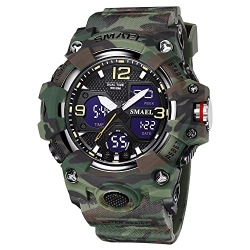 SMAEL Herren-Armbanduhr, Militär, Outdoor, wasserdicht, Sport-Armbanduhr, Datum, Multifunktions-LED-Wecker, Stoppuhr, digitale Uhren für Herren, 8008 Camouflage, Large Face, Digital von SMAEL