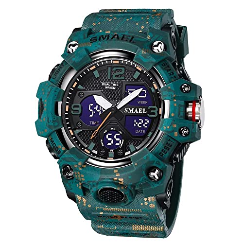 SMAEL Herren-Armbanduhr, Militär, Outdoor, wasserdicht, Sport-Armbanduhr, Datum, Multifunktions-LED-Wecker, Stoppuhr, digitale Uhren für Herren, 8008 Camo Green, Large Face, Digital von SMAEL
