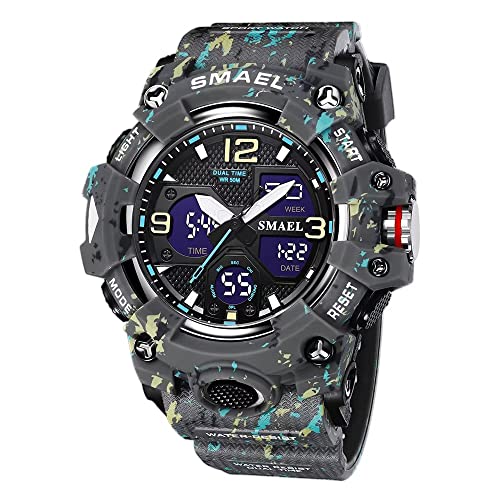 SMAEL Herren-Armbanduhr, Militär, Outdoor, wasserdicht, Sport-Armbanduhr, Datum, Multifunktions-LED-Wecker, Stoppuhr, digitale Uhren für Herren, 8008 Camo Grey, Large Face, Digital SMAEL Herren-Armbanduhr, Militär, Outdoor, wasserdicht, Sport-Armbanduhr, Datum, Multifunktions-LED-Wecker, Stoppuhr, digitale Uhren für Herren, 8008 Camo Grey, Large Face, Digital von SMAEL