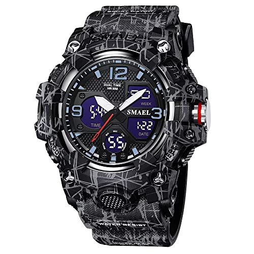 SMAEL Herrenuhren Militär Outdoor Wasserdicht Sport Armbanduhr Datum Multifunktion LED Alarm Stoppuhr Digital Uhren für Herren, 8008 Schwarz Grau, Large Face von SMAEL