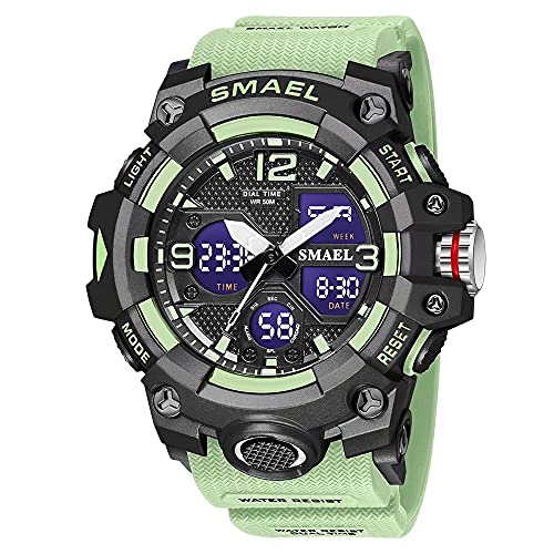 SMAEL Herren Uhren Militär Outdoor Wasserdicht Sport Armbanduhr Datum Multifunktion LED Alarm Stoppuhr Digital Uhren für Herren, Grün , Large Face, Digital von SMAEL