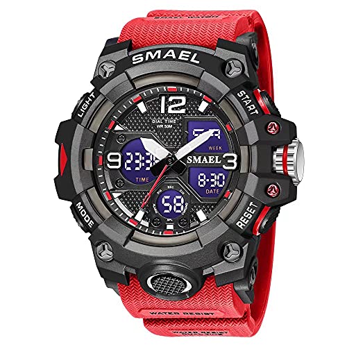 SMAEL Herren-Armbanduhr, Militär, Outdoor, wasserdicht, Sport-Armbanduhr, Datum, Multifunktions-LED-Wecker, Stoppuhr, digitale Uhren für Herren, Rot/Ausflug, einfarbig (Getaway Solids), Large Face, SMAEL Herren-Armbanduhr, Militär, Outdoor, wasserdicht, Sport-Armbanduhr, Datum, Multifunktions-LED-Wecker, Stoppuhr, digitale Uhren für Herren, Rot/Ausflug, einfarbig (Getaway Solids), Large Face, von SMAEL