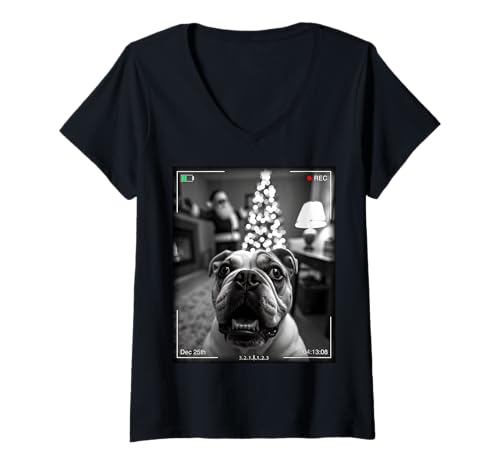 Damen American Bulldog Catches Santa On Camera Xmas T-Shirt mit V-Ausschnitt Damen American Bulldog Catches Santa On Camera Xmas T-Shirt mit V-Ausschnitt von SMAK