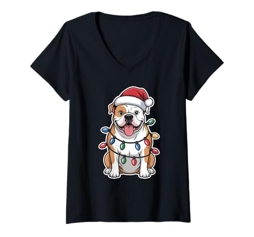 Damen American Bulldog Wrapped In Christmas Lights T-Shirt mit V-Ausschnitt Damen American Bulldog Wrapped In Christmas Lights T-Shirt mit V-Ausschnitt von SMAK