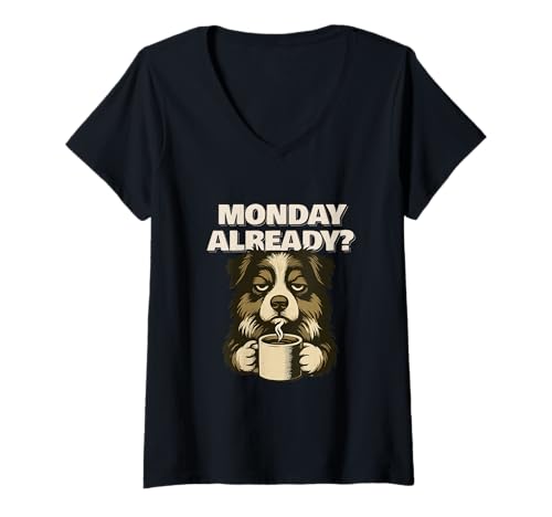 Damen Australian Shepherd Monday Already Fun T-Shirt mit V-Ausschnitt von SMAK