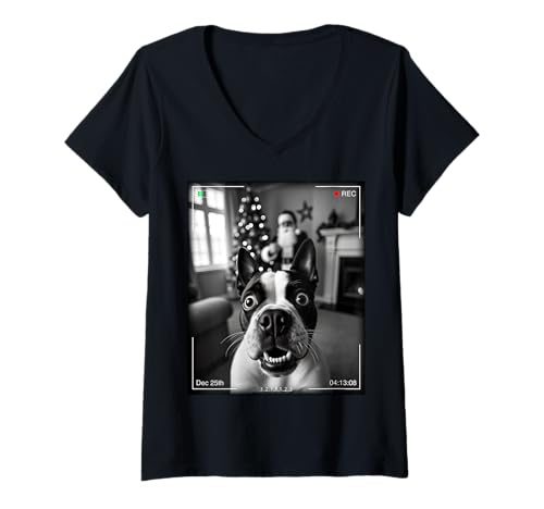 Damen Boston Terrier Catches Santa On Camera Xmas T-Shirt mit V-Ausschnitt Damen Boston Terrier Catches Santa On Camera Xmas T-Shirt mit V-Ausschnitt von SMAK