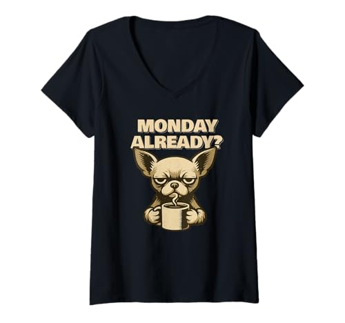 Damen Chihuahua Monday Already Fun T-Shirt mit V-Ausschnitt von SMAK