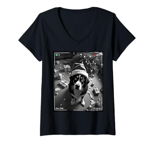Damen Christmas Bernese Mountain Dog Caught On Camera T-Shirt mit V-Ausschnitt Damen Christmas Bernese Mountain Dog Caught On Camera T-Shirt mit V-Ausschnitt von SMAK