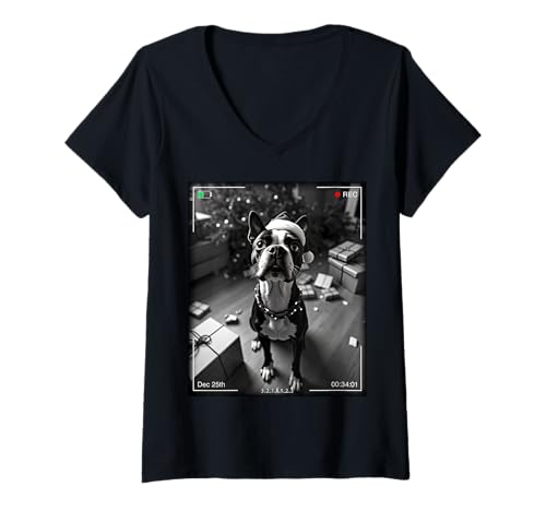 Damen Christmas Boston Terrier Caught On Camera T-Shirt mit V-Ausschnitt von SMAK