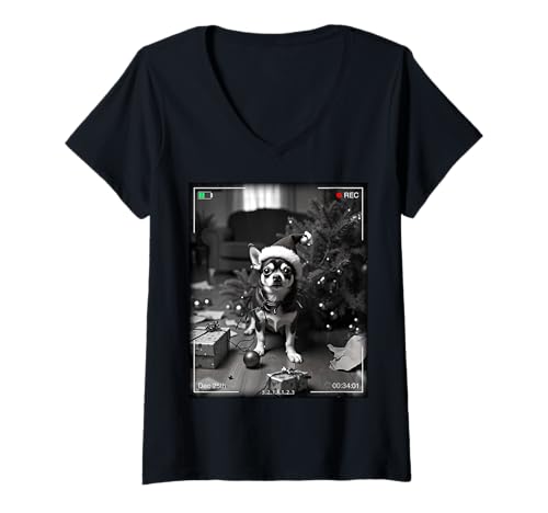 Damen Christmas Chihuahua Caught On Camera T-Shirt mit V-Ausschnitt Damen Christmas Chihuahua Caught On Camera T-Shirt mit V-Ausschnitt von SMAK