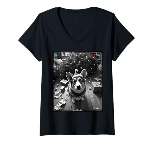 Damen Christmas Corgi Caught On Camera T-Shirt mit V-Ausschnitt von SMAK