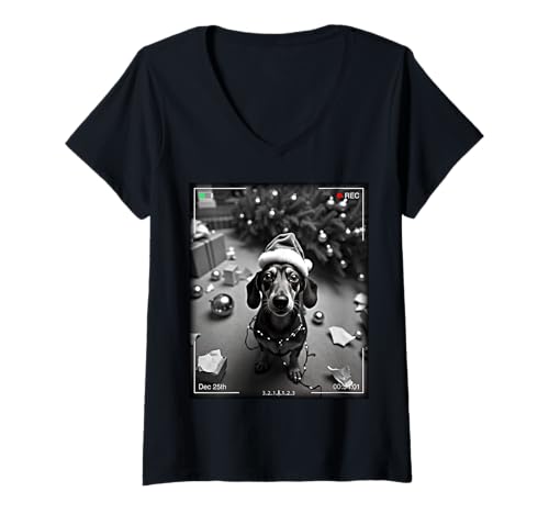 Damen Christmas Dachshund Caught On Camera T-Shirt mit V-Ausschnitt Damen Christmas Dachshund Caught On Camera T-Shirt mit V-Ausschnitt von SMAK