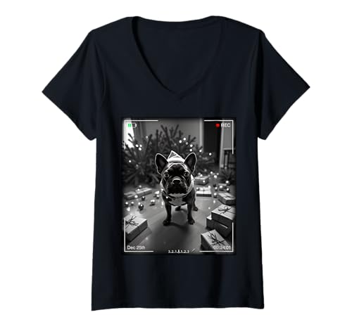 Damen Christmas French Bulldog Caught On Camera T-Shirt mit V-Ausschnitt Damen Christmas French Bulldog Caught On Camera T-Shirt mit V-Ausschnitt von SMAK