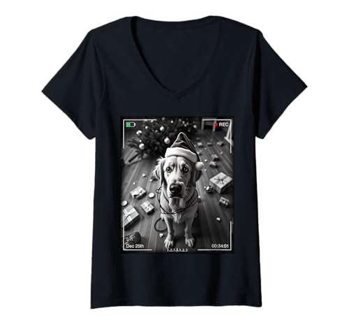 Damen Christmas Golden Retriever Caught On Camera T-Shirt mit V-Ausschnitt Damen Christmas Golden Retriever Caught On Camera T-Shirt mit V-Ausschnitt von SMAK