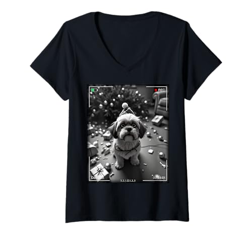 Damen Christmas Shih Tzu Caught On Camera T-Shirt mit V-Ausschnitt Damen Christmas Shih Tzu Caught On Camera T-Shirt mit V-Ausschnitt von SMAK