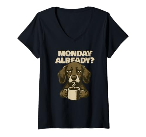 Damen Dachshund Monday Already Fun T-Shirt mit V-Ausschnitt von SMAK
