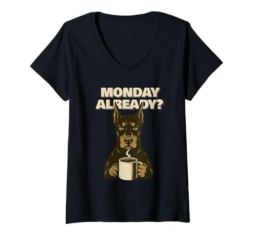 Damen Doberman Pinscher Monday Already Fun T-Shirt mit V-Ausschnitt von SMAK
