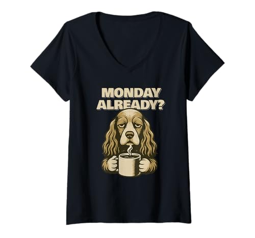 Damen English Cocker Spaniel Monday Already Fun T-Shirt mit V-Ausschnitt von SMAK