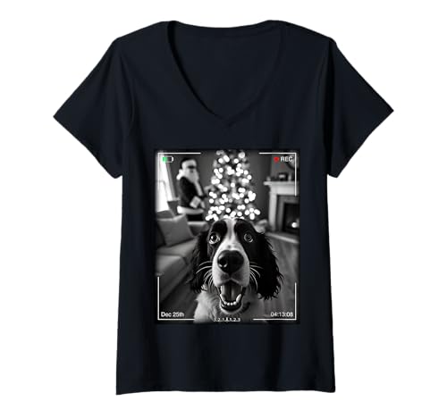 Damen English Springer Spaniel Catches Santa On Camera Xmas T-Shirt mit V-Ausschnitt von SMAK