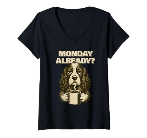 Damen English Springer Spaniel Monday Already Fun T-Shirt mit V-Ausschnitt von SMAK