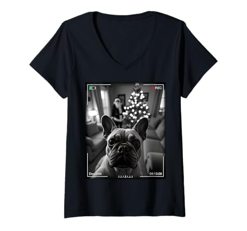 Damen French Bulldog Catches Santa On Camera Xmas T-Shirt mit V-Ausschnitt Damen French Bulldog Catches Santa On Camera Xmas T-Shirt mit V-Ausschnitt von SMAK