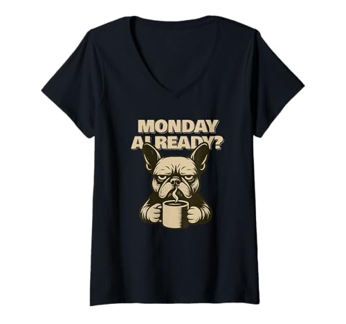 Damen French Bulldog Monday Already Fun T-Shirt mit V-Ausschnitt von SMAK