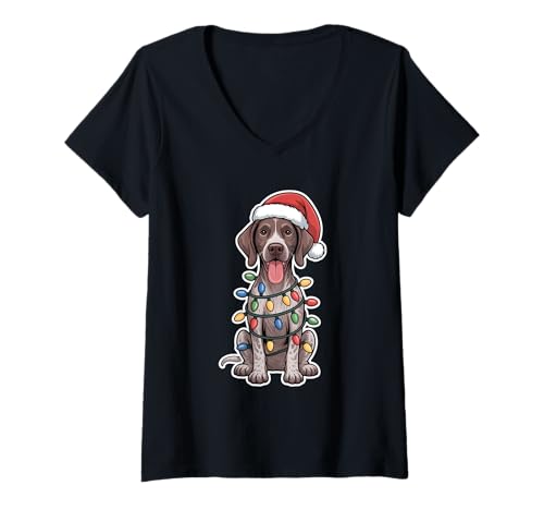 Damen German Shorthaired Pointer Wrapped In Christmas Lights T-Shirt mit V-Ausschnitt Damen German Shorthaired Pointer Wrapped In Christmas Lights T-Shirt mit V-Ausschnitt von SMAK