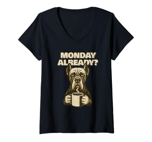 Damen Great Dane Monday Already Fun T-Shirt mit V-Ausschnitt von SMAK