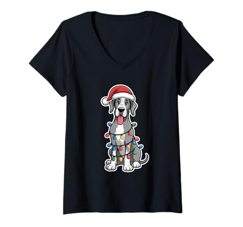Damen Great Dane Wrapped In Christmas Lights T-Shirt mit V-Ausschnitt Damen Great Dane Wrapped In Christmas Lights T-Shirt mit V-Ausschnitt von SMAK