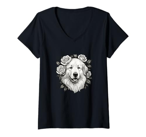 Damen Great Pyrenees Vintage Roses Retro Tattoo T-Shirt mit V-Ausschnitt von SMAK