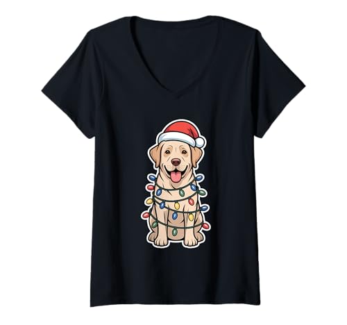 Damen Labrador Retriever Wrapped In Christmas Lights T-Shirt mit V-Ausschnitt Damen Labrador Retriever Wrapped In Christmas Lights T-Shirt mit V-Ausschnitt von SMAK
