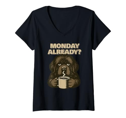 Damen Newfoundland Dog Monday Already Fun T-Shirt mit V-Ausschnitt von SMAK