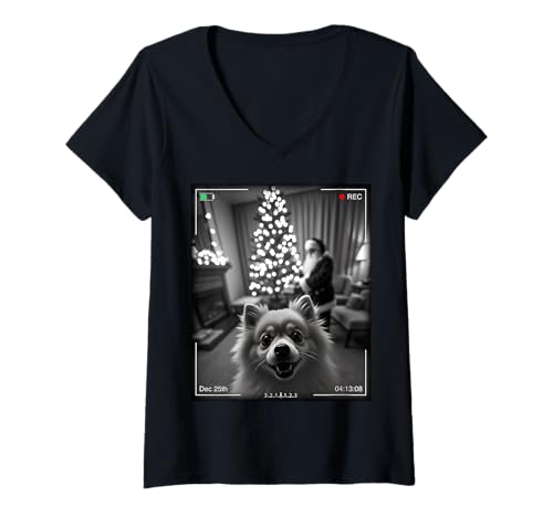 Damen Pomeranian Catches Santa On Camera Xmas T-Shirt mit V-Ausschnitt Damen Pomeranian Catches Santa On Camera Xmas T-Shirt mit V-Ausschnitt von SMAK