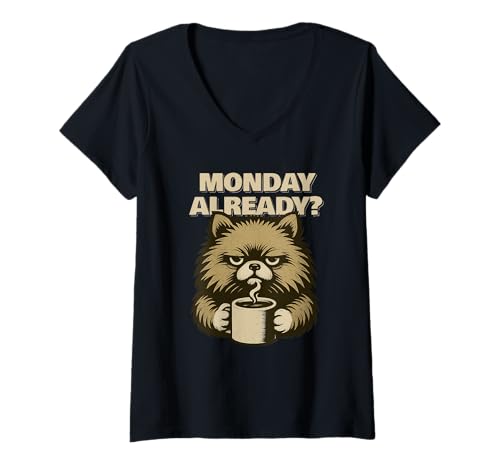 Damen Pomeranian Monday Already Fun T-Shirt mit V-Ausschnitt von SMAK