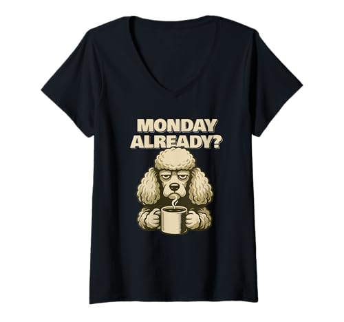 Damen Poodle Monday Already Fun T-Shirt mit V-Ausschnitt von SMAK