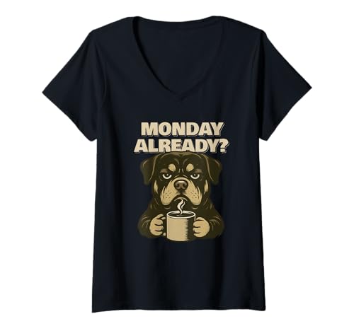 Damen Rottweiler Monday Already Fun T-Shirt mit V-Ausschnitt von SMAK
