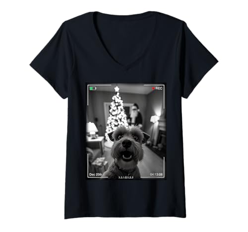 Damen Schnauzer Catches Santa On Camera Xmas T-Shirt mit V-Ausschnitt Damen Schnauzer Catches Santa On Camera Xmas T-Shirt mit V-Ausschnitt von SMAK