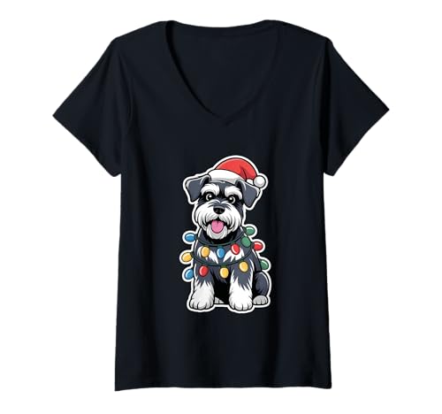 Damen Schnauzer Wrapped In Christmas Lights T-Shirt mit V-Ausschnitt Damen Schnauzer Wrapped In Christmas Lights T-Shirt mit V-Ausschnitt von SMAK