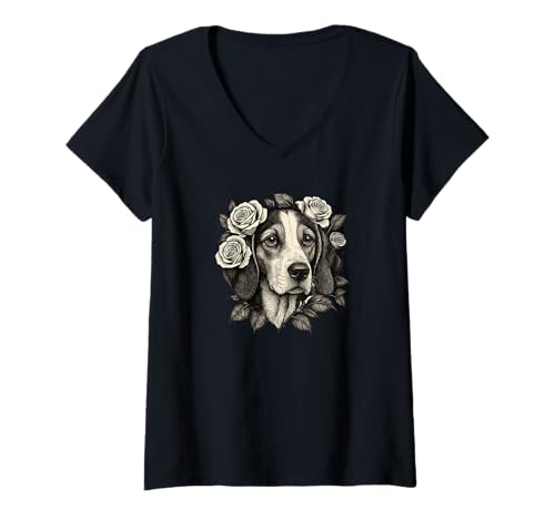 Damen Treeing Walker Coonhound Vintage Roses Retro Tattoo T-Shirt mit V-Ausschnitt von SMAK