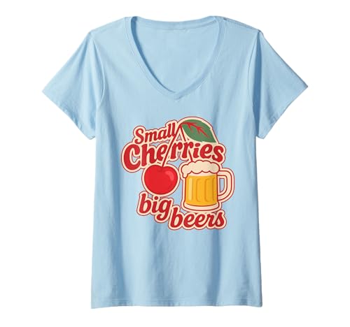 Damen SMALL Cherries Big Beers X Malle Party Mallorca Kirschen T-Shirt mit V-Ausschnitt von SMALL CHERRIES BIG BEERS X Only Cherry Love Fans