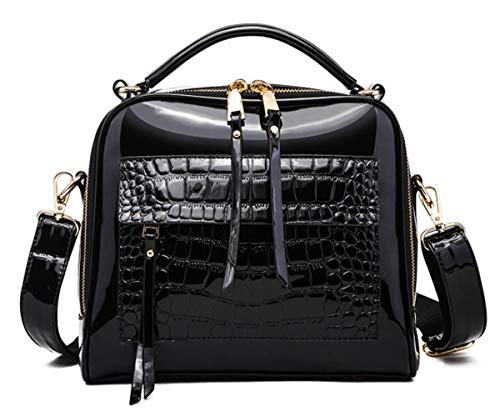 SMALLBLUER Damen Synthetische Kunstleder Schulter Umhängetaschen Handtaschen Tragbare Lack Helles Leder Weibliche Tasche-Schwarz von SMALLBLUER