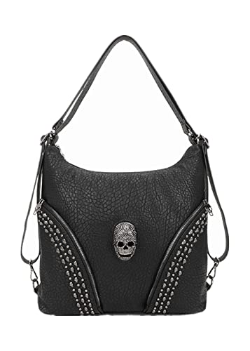 SMALLBLUER Damen Totenkopf Nieten Hobo Schulter Handtasche Verdeckte Trage Umhängetasche-Schwarz von SMALLBLUER