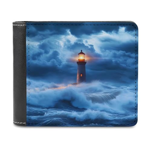 Leuchtturm Sturm Donner Schlanke Herren-Geldbörse mit Zwei Fächern, PU-Leder, mit 6 Kartenfächern, Geldklammer von SMAZDFXX