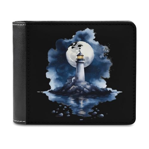 Lighthouse Moon Ocean Schlanke Herren-Geldbörse mit Zwei Fächern, PU-Leder, mit 6 Kartenfächern, Geldklammer von SMAZDFXX