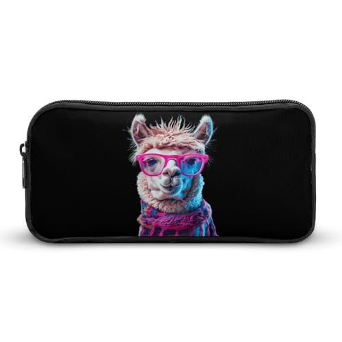 SMAZDFXX Alpaka mit Brille und Schal, tragbares Federmäppchen, kleine Stifttasche, Bleistifttasche, Make-up-Tasche, Box-Organizer von SMAZDFXX